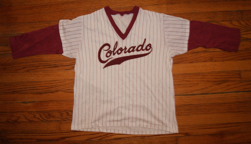 Vtg 80s Mens L COLORADO Script White Maroon Pinstripe 3/4 Sleeve Jersey Shirt US